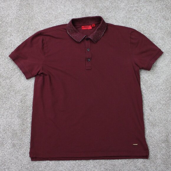 BOSS Hugo Boss Polo Shirt Mens Large Red Slim Fit Contrast Sparkle Collar Cotton - Picture 1 of 16